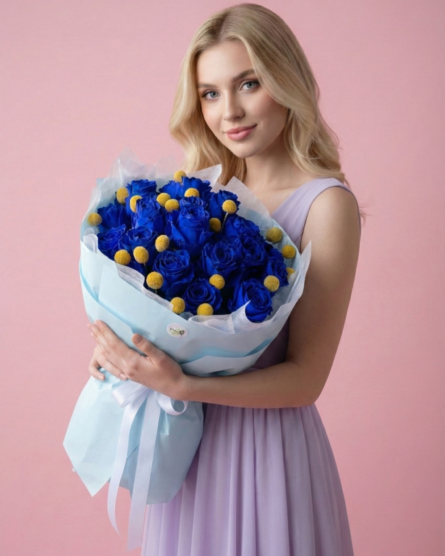 Woman holding a bouquet of blue flowers against a pink background Main image