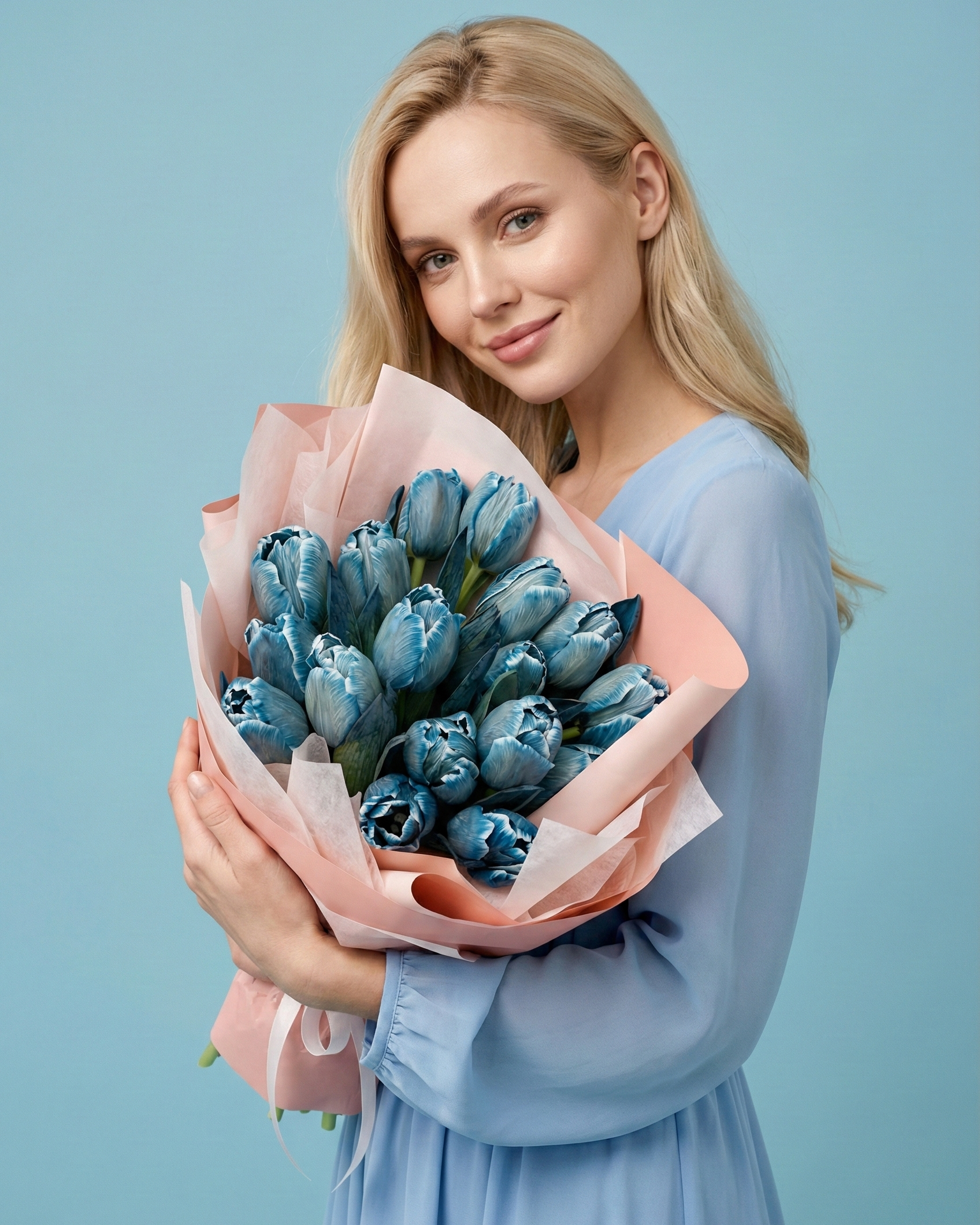 Woman holding a bouquet of blue tulip flowers against a light blue background Main image